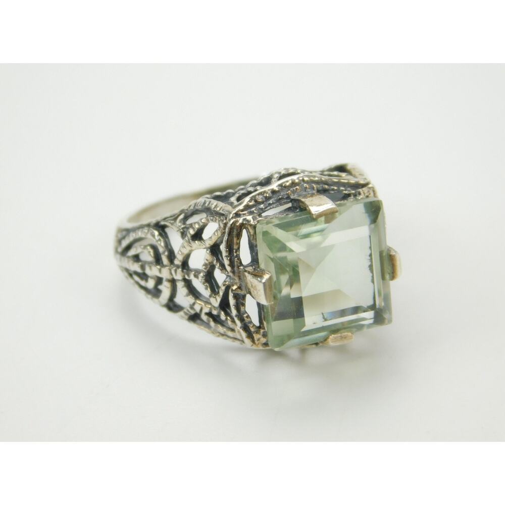 VTG Openwork Filigree Sterling Silver Sz 7 Blue-Green Aquamarine Ring 4.4g